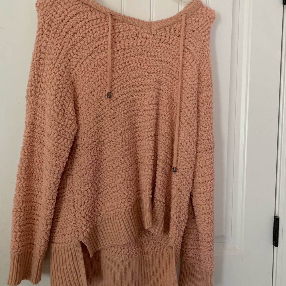 light pink hooded popcorn sweater